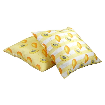 Papaya stripe cushion -  Papaya print Luxury cushion -   Yellow and White -   50cm x 50cm -   100% Cotton -   Duck Feather Filling -   Hand Painted Design -   Concealed Zip -   Made in Great Britain - 