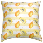 Papaya stripe cushion  Papaya print Luxury cushion,   Yellow and White,   50cm x 50cm,   100% Cotton,   Duck Feather Filling,   Hand Painted Design,   Concealed Zip,   Made in Great Britain,  