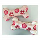 Pomegranate Bone -  36 x 20 x 8 cm -   100% Cotton Drill -   100% Recycled Polyester Stuffing -   Hand painted Pomegranate design -   Handmade in UK -   Sponge clean only -   Always supervise your pet during play - 