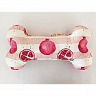 Pomegranate Stripe Bone -  36 x 20 x 8 cm -   100% Cotton Drill -   100% Recycled Polyester Stuffing -   Hand painted Pomegranate design -   Handmade in UK -   Sponge clean only -   Always supervise your pet during play - 